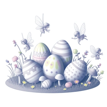 A tiny fairy garden is filled with various Easter eggs, each beautifully decorated with intricate patterns. The eggs are nestled among lush green grass and colorful flowers. Small mushrooms, with distinct caps and stems, are scattered throughout the scene, adding to the enchanting atmosphere. Fairies, with delicate wings and whimsical attire, can be seen interacting in the garden; some are hovering above the flowers, while others are peeking out from behind the mushrooms, creating a lively and magical setting.