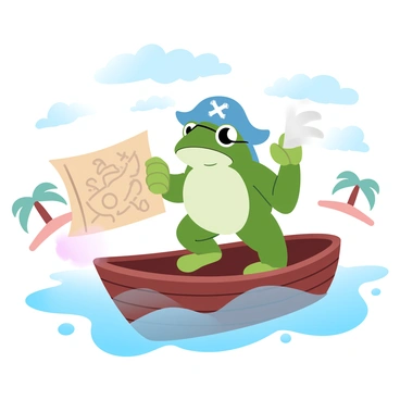 A frog dressed as a pirate is standing on a tiny wooden boat. The frog is wearing a small pirate hat and an eye patch. In its hand, it holds a treasure map, which has marked paths and an "X" indicating buried treasure. The boat is floating on calm water, surrounded by gentle waves. In the background, there are several small tropical islands with palm trees and a bright blue sky above.