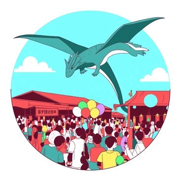 A teal origami dragon is soaring high above a busy festival crowd. Below, people of various ages are enjoying the festivities, some are holding colorful balloons while others are engaged in conversations. The crowd is surrounded by vibrant stalls selling food and decorations. The blue sky is clear with a few fluffy clouds, creating a perfect backdrop for the majestic teal dragon. The scene captures the energy and excitement of the festival atmosphere with smiling faces and lively interactions.