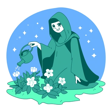 A teal whimsical reaper with a friendly expression is kneeling in a garden. The reaper holds a small watering can in one hand, gently watering the plants. The garden is filled with glowing flowers of various shapes and sizes, each emitting a soft light. Above, a blue starry sky is dotted with numerous shining stars, illuminating the scene. The reaper's cloak flows gently as if caught in a light breeze, adding motion to the tranquil setting.