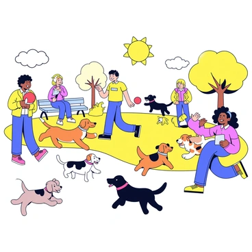 A busy dog park filled with various pet owners and their dogs enjoying a sunny day. In one area, a golden retriever is playing fetch with its owner, who is throwing a bright red ball. Nearby, a woman is sitting on a park bench, smiling as her small poodle runs around excitedly. Children are laughing and playing with a beagle that is wagging its tail energetically. In the background, trees provide some shade, and several dogs are socializing, creating a lively atmosphere in the park. The sun casts warm light across the scene, highlighting the joy of the day.