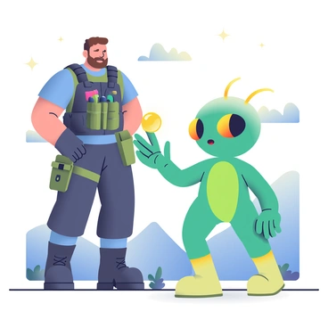 A mercenary with a rugged appearance, wearing a dark tactical outfit adorned with various pockets and gear, stands in a desolate landscape. He has a short beard and a scar above his right eyebrow, giving him a tough demeanor. In front of him, a friendly alien creature with vibrant green skin and large, expressive eyes extends its three-fingered hand, offering a glowing orb that pulsates with light. The alien has a rounded head with soft features and small antennae on top. The background features rocky terrain and distant mountains under a starry sky, suggesting an otherworldly setting. The mercenary looks intrigued as he examines the glowing orb, which symbolizes the vital piece of information being shared.