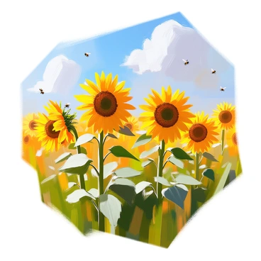 A vast grassland covered in vibrant yellow sunflowers swaying gently in the breeze. The sunflowers stand tall, their faces turned toward the sun, while numerous bees buzz energetically among the flowers, collecting pollen. In the background, a bright blue sky stretches overhead, dotted with a few fluffy white clouds. The green grass beneath the sunflowers adds to the lively and colorful scene, creating a sense of abundance and life in this natural setting.