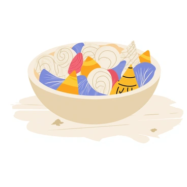 A round, shallow bowl filled with a variety of seashells collected from the beach. The seashells are of different shapes and sizes, including spiral, conical, and flat designs. Each seashell displays unique patterns and colors, ranging from creamy white to vibrant orange and deep blue. Some shells have shiny surfaces while others are matte. The bowl rests on a light wooden surface, with a few grains of sand scattered around it, enhancing the beach theme.
