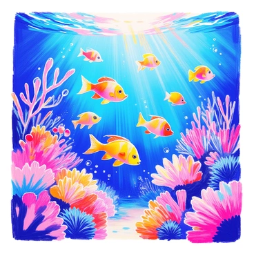 A vibrant underwater scene features colorful fish swimming gracefully among lush coral reefs. The fish display a variety of patterns and colors, including bright yellows, oranges, and blues. The coral reefs are diverse, showcasing an array of shapes and textures, with some areas exhibiting branching corals and others presenting round, soft corals. Sunlight streams down from the surface, illuminating the scene and creating a shimmering effect in the water. Small bubbles can be seen rising to the surface, adding to the lively atmosphere of this underwater world.