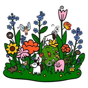 A vibrant garden filled with a variety of flowers in different colors, all glowing softly in the twilight. There are tall sunflowers, delicate bluebells, and bright orange marigolds, each radiating light. Among the flowers, various mythical creatures are playing; a small, winged fairy with translucent wings flits between the blooms, while a gentle unicorn with a shimmering mane grazes nearby. A playful sprite with bright green skin and oversized eyes hides behind a large flower, peeking out with a mischievous grin. The scene is filled with lush greenery, and the overall ambiance is lively and enchanting.