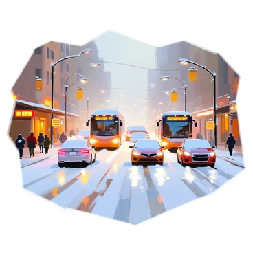Cars and buses navigating a snowy city street during rush hour