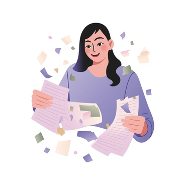 A person smiling while tearing up debt documents. The individual is positioned centrally, with long dark hair and wearing a light blue shirt. The background is filled with scattered pieces of the torn documents fluttering around them. The person's expression shows joy and relief, reflecting a sense of freedom. In their hands, the remains of the torn documents are visible, with some pieces still hanging on the edges. A few colorful confetti pieces are also present in the scene, emphasizing the celebratory atmosphere.
