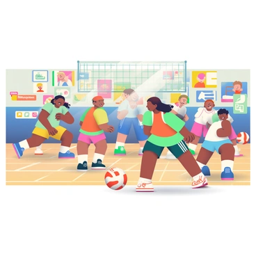 A group of children is playing dodgeball in a vibrant school gym. The children are of diverse backgrounds, with various hairstyles and athletic outfits in bright colors. Some children are in mid-action, dodging balls or preparing to throw. The gym's wooden floor shines under the overhead lights. Around the gym, colorful banners hang from the walls, showcasing school spirit and achievements. The atmosphere is filled with excitement as the children laugh and cheer each other on during the game.