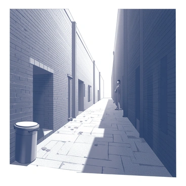 A narrow alleyway extends out of view, flanked by tall, weathered brick walls. The ground is uneven and paved with cobblestones, leading deeper into the shadows. Dim light filters through small gaps, casting elongated shadows that stretch across the surface. Dark silhouettes seem to linger in the corners, adding an element of mystery to the scene. The atmosphere is tense, with the faint outline of a trash can and scattered debris visible along the edges, enhancing the feeling of abandonment.