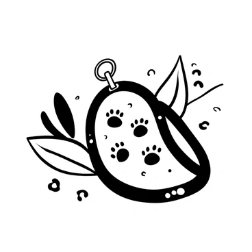 A locket resting on a textured surface, featuring intricate engravings of tiny cat paw prints across its shiny black-and-white exterior. The locket is slightly open, revealing a delicate chain attached to it. Surrounding the locket are small scattered leaves, adding to the visual interest of the composition.