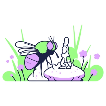 A fly is positioned on a small, sunlit crumb in a park. The fly is intricately detailed, with delicate wings and large eyes, focusing intently on sculpting a tiny statue from the crumb. The statue resembles a miniature figure, carved with precision. Surrounding the scene, there are blades of grass and small flowers dotting the ground, enhancing the natural park setting. The sunlight casts soft shadows, creating an inviting atmosphere.