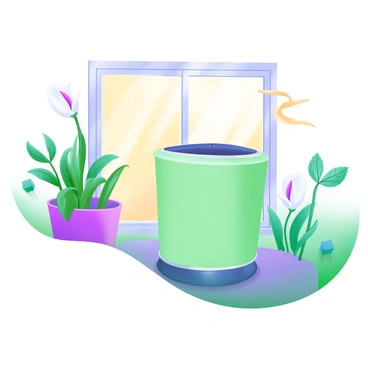 A modern pastel illustration featuring an eco-friendly air purifier designed from sustainable materials, prominently displayed in the center. The purifier has smooth, rounded edges and a soft green color. Nearby, there are several potted plants with vibrant leaves, including a peace lily and a snake plant, adding a touch of greenery to the scene. Sunlight filters through a window, illuminating the area around the purifier, creating a fresh and inviting atmosphere. The background is subtly decorated with more plants, enhancing the overall sense of a healthy, eco-conscious environment.