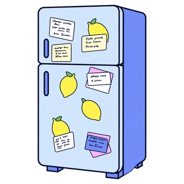 A refrigerator with a smooth metallic surface. The fridge is covered with numerous yellow lemon-shaped magnets. Each magnet holds various notes and recipes, with colorful pieces of paper peeking underneath them. The notes feature doodles and handwritten recipes, adding texture and personality to the scene. The overall appearance is bright and cheerful, showcasing an organized display of culinary inspirations.