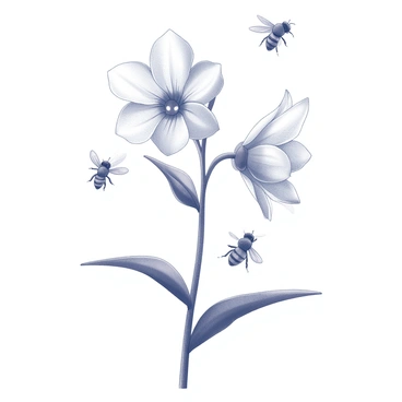 A blooming freesia plant with delicate petals is prominently displayed at the center of the image. The flowers have intricate shapes and are fully opened, revealing their detailed textures. Several bees are depicted buzzing around the plant, their wings in motion as they hover near the blossoms. Some bees appear to be landing softly on the petals, while others are in mid-flight, creating a sense of movement throughout the scene. The background is softly blurred, allowing the focus to remain on the interaction between the bees and the freesia plant.
