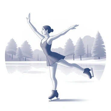 An ice skater is captured mid-spin, balancing elegantly on one leg with the other leg extended outward. The skater wears a fitted costume that accentuates the movement. Their arms are stretched gracefully, adding to the fluidity of the pose. The background shows the smooth, reflective surface of a frozen lake, which is surrounded by softly outlined trees in a winter landscape. The scene conveys a sense of motion and grace as the skater performs on the ice.