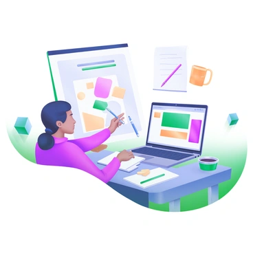 A modern pastel illustration depicting a client sitting at a table with a printed illustration in front of them. The client is pointing to specific parts of the illustration with a focused expression. Surrounding the client are various stationery items, including a notepad, a pen, and a coffee cup. An open laptop is also on the table, displaying design software. The environment is bright and inviting, with soft colors creating a professional yet comfortable atmosphere.