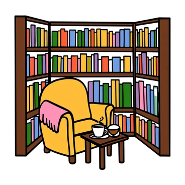 A cozy bookstore corner with wooden shelves filled with various books in colorful spines. The shelves are well-organized, and some books are stacked horizontally. In the center, there is a comfy reading chair upholstered in soft fabric, with a warm throw blanket draped over one arm. Next to the chair, there is a small wooden table holding a steaming cup of tea and a pair of reading glasses. Soft lighting casts a warm glow over the scene, inviting readers to settle in and enjoy a good book.
