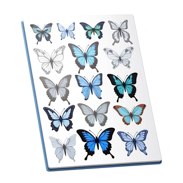 A page filled with "intricate butterfly doodles" showcasing various species and styles. Each butterfly features detailed wings with unique patterns and designs, highlighting ornate shapes and textures. The doodles vary in size and orientation, some fluttering upwards while others rest at different angles. The page has a mix of solid lines and delicate shading, creating depth and dimension in the illustrations. Some butterflies are adorned with abstract swirls and decorative elements, enhancing their visual appeal.
