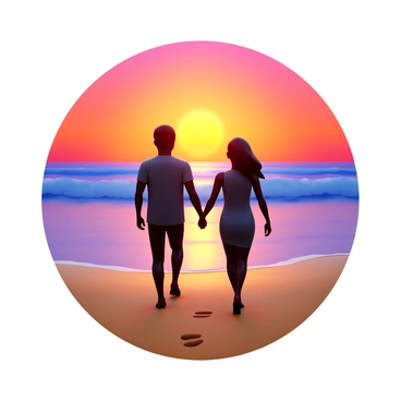 A couple walking hand-in-hand along a beach. They are silhouetted against a vibrant sunset with orange, pink, and purple shades illuminating the sky. The gentle waves of the ocean lap at the shore, reflecting the colors of the sunset. The couple appears relaxed and happy, enjoying their time together on the sandy beach. Their footprints are visible in the wet sand, trailing behind them as they walk towards the horizon.