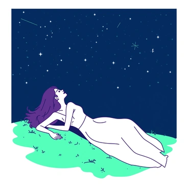 A woman dressed in a flowing white dress is lying on a grassy hill under a dark sky filled with stars. Her long hair cascades around her as she rests on her elbows, gazing up in wonder at the vast expanse. Surrounding her, the hill is dotted with patches of vibrant green grass. The stars twinkle brightly, and constellations are clearly visible, creating a mesmerizing celestial display above her.
