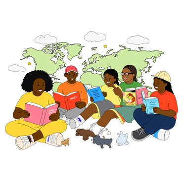 A colorful scene depicting children from various cultures and backgrounds gathered together, enthusiastically reading books. Each child is holding a different book, showcasing vibrant covers and unique illustrations inspired by the 2022 Hans Christian Andersen Award winner. In the foreground, a girl with dark curly hair wearing a yellow dress is sitting cross-legged, deeply engrossed in her book. Beside her, a boy with short black hair and glasses is animatedly pointing at an illustration while laughing. Nearby, a girl with braided hair in a blue skirt and a boy with a baseball cap are reading together, sharing smiles and excitement. The background includes a world map, symbolizing the global love for stories, with details like decorative clouds and stars floating above the children. A few playful animals, such as a small dog and a cat, are curiously peeking at the books.