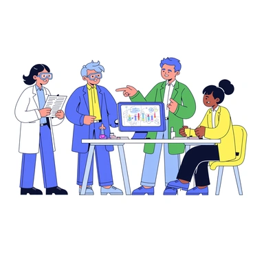 A group of four scientists from different fields standing together in a modern laboratory. The first scientist is wearing a white lab coat and safety goggles, holding a clipboard filled with notes. The second scientist, dressed in a blue lab coat, is pointing at a computer screen displaying complex data. The third scientist, in a green lab coat, is examining a test tube with a colorful liquid. The fourth scientist, in a yellow lab coat, is seated at a table with open books and notebooks spread out. All scientists are engaged in conversation, sharing ideas and looking at each other's work.
