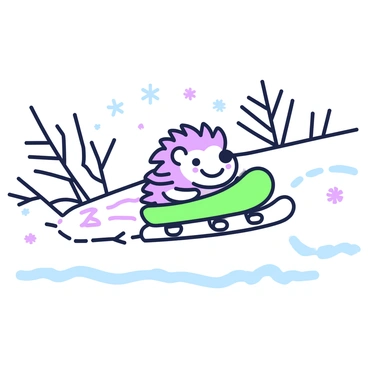A hedgehog is sliding down a snowy hill on a small sled. The hedgehog has a big smile on its face, showcasing its cheerful demeanor. The snow is fluffy and covers the slope, with small snowflakes gently falling around. In the background, there are bare trees with a few patches of snow on their branches. The sled is brightly colored, contrasting with the white snow. The hedgehog's quills are slightly ruffled by the wind as it enjoys the ride.