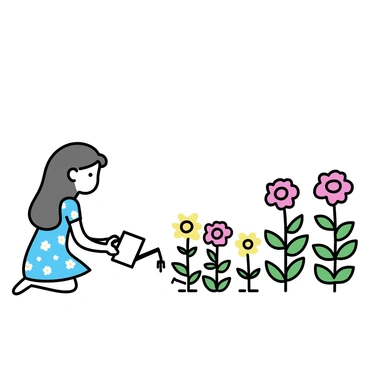 A demure girl with long brown hair wearing a light blue floral dress is kneeling on the ground in a garden. She is gently tending to vibrant flowers, which include red roses and yellow daisies. The girl is holding a small watering can, pouring water around the base of the flowers. The garden is filled with green foliage and colorful blooms, creating a harmonious and vibrant scene.