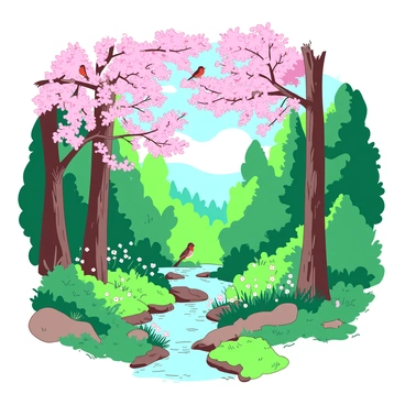 A vibrant green forest is filled with tall trees and lush foliage, as the sun filters through the leaves. Delicate pink cherry blossoms are in full bloom, gracefully hanging from the branches, creating a canopy of flowers. A gentle breeze causes some petals to drift down to the soft, brown forest floor, surrounded by patches of green grass and small wildflowers. Birds can be seen perched on the branches, singing joyfully, while a small brook runs through the scene, reflecting the colors of spring. The atmosphere is lively with the sounds of nature awakening, bringing warmth and brightness to the forest.