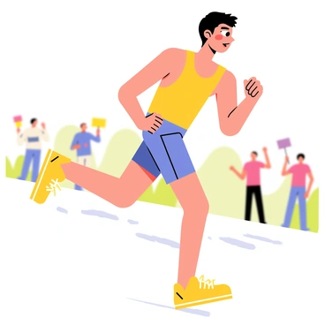 A marathon runner with a determined expression, wearing a bright yellow tank top and blue shorts. The runner has short dark hair, sweat glistening on their forehead, illustrating their intensity. They are running on a road with a blurred background, suggesting high speed. The runner's arms are pumping rhythmically, and their feet are mid-stride, creating a sense of movement. A few spectators holding colorful signs can be seen in the background, adding to the race atmosphere. 