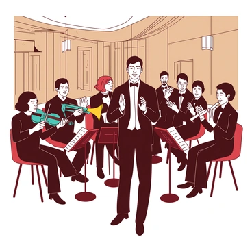 A group of musicians is sitting in a music hall, enthusiastically clapping for the conductor at the front. The musicians include a variety of instruments, such as a teal violin, a yellow trumpet, and a white flute, each held by performers wearing formal black attire. The conductor, standing confidently, is dressed in a formal suit and is smiling, receiving the applause. The hall features high ceilings with elegant light fixtures and wooden panels adding to the ambiance. In the background, the sheet music is visible on stands, spread out for the rehearsal.