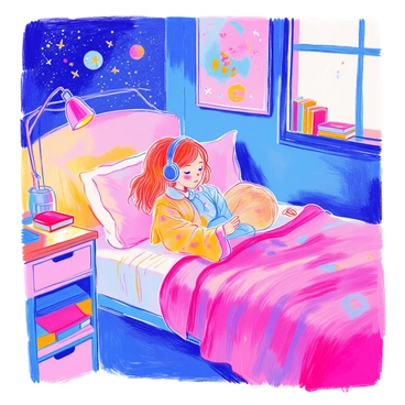 A child is tucked in bed under a cozy blanket. They are wearing colorful pajamas and have headphones on, absorbed in the story from the audiobook. The bed is surrounded by soft pillows. A nightlight on the bedside table casts a warm glow, creating a comforting atmosphere in the room. On the wall behind, there are posters of stars and planets. A small bookshelf is filled with children's books nearby.