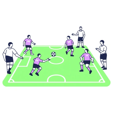A sports field is depicted with players wearing jerseys that represent different conjunctions. On one side, a player labeled "and" is passing the ball to another player labeled "but." Another player, marked "or," is positioned strategically nearby, ready to receive the pass. The field is marked with lines and goals at both ends, while a referee, wearing a uniform, observes the play closely. The players are actively engaged in a dynamic game, showcasing teamwork and strategy as they work together to score a goal.