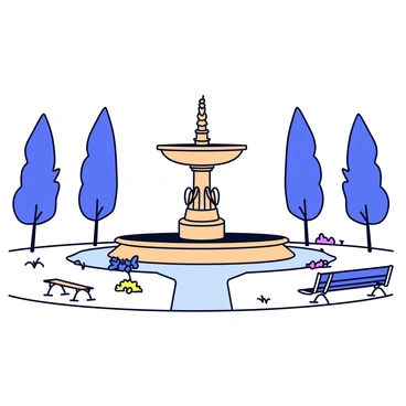 A city park featuring a large, ornate fountain that is completely dry. The fountain's structure is detailed with intricate carvings and has a classical design, but is now covered in a layer of dust. Surrounding the fountain are patches of dry grass and withered flowers, indicating a lack of water. The park is dotted with a few benches, some of which are empty, and a pathway that leads to the fountain. In the background, tall trees cast shadows over the park, adding a sense of stillness to the scene.