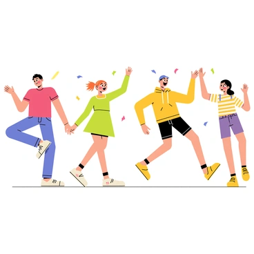 A group of four friends is engaged in a spontaneous dance-off in a bright and cheerful setting. One friend, wearing a red t-shirt and blue jeans, is doing an exaggerated moonwalk. Another friend, dressed in a green dress, is striking a pose with an enthusiastic spin, her hair flowing around her. The third friend, in a yellow hoodie, is jumping with arms flailing in a playful manner, while the last friend, wearing purple shorts and a striped tank top, is attempting a silly chicken dance. Colorful confetti is falling around them, adding to the joyful atmosphere of their silly moves.