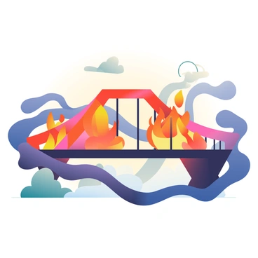 A contemporary art piece showing a digital abstract of a burning bridge