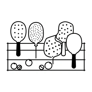 A rack displaying multiple pickleball paddles in various shapes and sizes. Each paddle has distinct patterns and textures, while the balls are arranged neatly next to them. The balls feature different designs, with some having dots and others stripes. The rack is structured with horizontal bars, showcasing the paddles clearly.