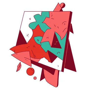 A canvas filled with vibrant red and teal abstract shapes and forms. The composition features a variety of geometric shapes, like triangles and circles, overlapping in a dynamic arrangement. Some shapes are outlined in teal, while others are filled with rich red tones. The background is a smooth blend of these two colors, allowing the shapes to stand out prominently. The overall scene conveys a sense of movement and energy through the playful arrangement and interaction of the different forms.