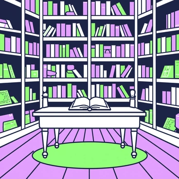 A library filled with tall shelves lined with ancient religious texts, their spines worn and adorned with intricate designs. The warm light of glowing candles casts soft shadows across the room, illuminating the rich details of the books. In the center, there is a large wooden table with an open book resting on it, its pages gently curling as if touched by an invisible breeze. The floor is made of polished wood, reflecting the flickering candlelight, while a plush, dark green rug lays beneath the table, adding a touch of comfort to the space.