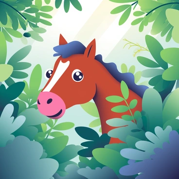 A curious mustang with a sleek, chestnut coat is peeking through lush green foliage in a dense forest. The mustang's large, expressive eyes are partially visible between the leaves, showcasing its inquisitive nature. Surrounding the horse are various shades of green leaves and ferns, creating a rich tapestry of vegetation. Soft sunlight filters through the canopy above, casting gentle shadows on the ground. The atmosphere is alive with the textures and colors of nature, emphasizing the mustang's connection to its environment.