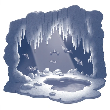 A dark cave ecosystem with intricate stalactites hanging from the ceiling. Bats are suspended in clusters, their wings folded tightly against their bodies. The uneven ground is rocky and damp, leading to a hidden pool that reflects the surrounding formations. Shadows play across the walls, creating distinct shapes and textures in the rock. The atmosphere is damp, adding to the mysterious feel of the cave environment.