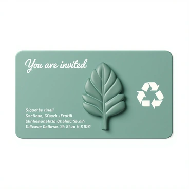 A rectangular invitation card featuring a vibrant green background. In the center, there is a large "green leaf" with detailed veins and shading, symbolizing nature. To the right of the leaf, a prominent "recycling symbol" is displayed in bold and striking white, representing sustainability. The top of the card contains the text "You are invited" in elegant white font, while the details of the event are neatly arranged below in a clean white font, ensuring clarity and legibility.