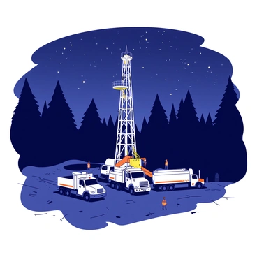 A white fracking rig is positioned at the center of a dark landscape, surrounded by tall trees that offer a stark contrast. The rig is illuminated by bright yellow lights, casting a warm glow against the night sky. In the background, a canopy of stars twinkles, creating a serene atmosphere above the bustling site. Nearby, several trucks with orange accents are parked, and workers in reflective vests move about, contributing to the activity of the site. The ground is a mix of dirt and gravel, with visible signs of excavation and machinery.