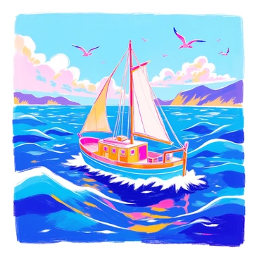 A small fishing boat with a bright blue hull is navigating through calm sea waves. The boat features a single white sail that is gently billowing in the light breeze. The water is a mix of deep blue and turquoise, reflecting sunlight as it ripples softly. In the background, scattered fluffy white clouds drift across a clear sky. Seagulls can be seen soaring above the boat, adding to the tranquil scene.
