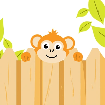 A cartoon-style illustration of a monkey face peeking over a wooden fence. The monkey has large, expressive eyes and a playful grin, showcasing its curiosity. The wooden fence is textured with knots and grains, with the top rail slightly weathered. Bright green leaves are visible in the background, emphasizing the outdoor setting. The monkey's ears are perked up, and its fur is a warm brown color, creating a lively scene.