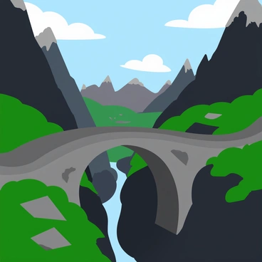 An ancient stone bridge with a weathered surface arches gracefully across a deep chasm. The bridge features large, sturdy stones, some covered in patches of green moss. Dark, ominous mountains rise on either side of the chasm, their jagged peaks piercing the sky. In the distance, a sinister landscape unfolds, characterized by swirling ash and smoke, hinting at the dangers lurking within the heart of "Mordor." The sky above is overcast with dark clouds, enhancing the foreboding atmosphere of the scene.