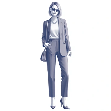 A fashionable individual stands confidently in a striking outfit that features a tailored blazer and high-waisted trousers. The person is wearing oversized sunglasses that accentuate their facial features. Their hairstyle is sleek and modern, framing their face elegantly. Accessories such as a statement necklace and a chic handbag add to the overall look. The background is minimal, allowing the focus to remain on the fashionista's style and poise.