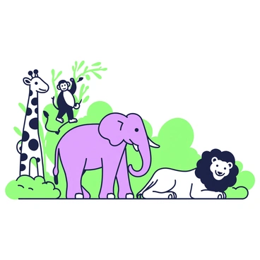 A series of zoo animals are displayed in a dynamic composition. On the left, there is a tall giraffe with an elongated neck and large eyes, standing among stylized trees. Next to the giraffe, a playful monkey hangs from a branch, its tail curled around the tree. In the center, a stout elephant stands with its trunk raised and ears flared, slightly tilted to the right. To the right, a majestic lion is resting, its mane detailed with flowing lines. In the background, a variety of bushes and grass are visible, adding depth to the scene.
