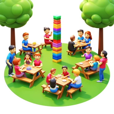 A lively park scene featuring several families and friends gathered around various picnic tables. Groups of people are engaging in a game of Jenga, with colorful wooden blocks stacked high on the tables. Children are laughing and cheering as they take turns removing blocks from the tower. Some adults are seated, watching the game with smiles, while others are preparing picnic food. The sun is shining down, casting playful shadows across the grass, with trees providing a vibrant green backdrop to the scene.